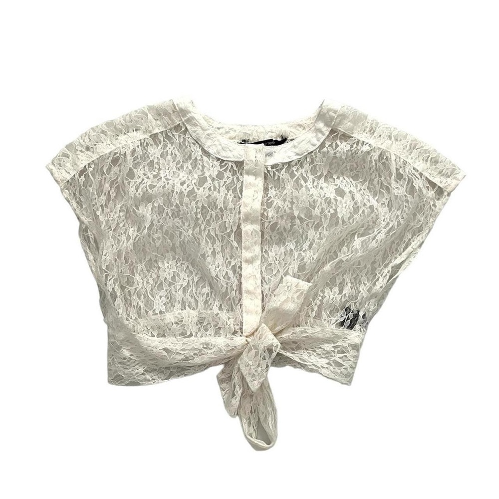 Y2K Paper Tee Cropped White Lace Tie-Front Button Up Coquette Top Size M